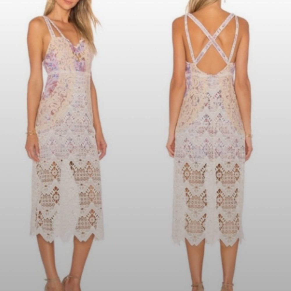 Free People Lace Midi Dress in Cream and Purple